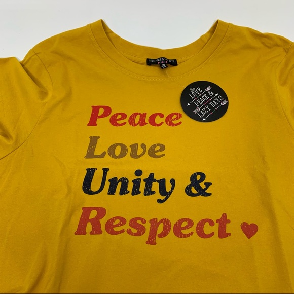 Peace Love Unity & Respect Mustard Yellow Hippie Cropped Tee New Nwt Size Large - Picture 4 of 11